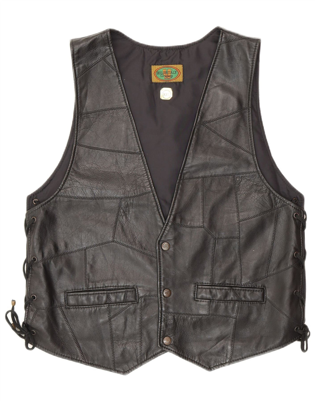 Gilet en cuir femme vintage 2XL Noir Patchwork Biker