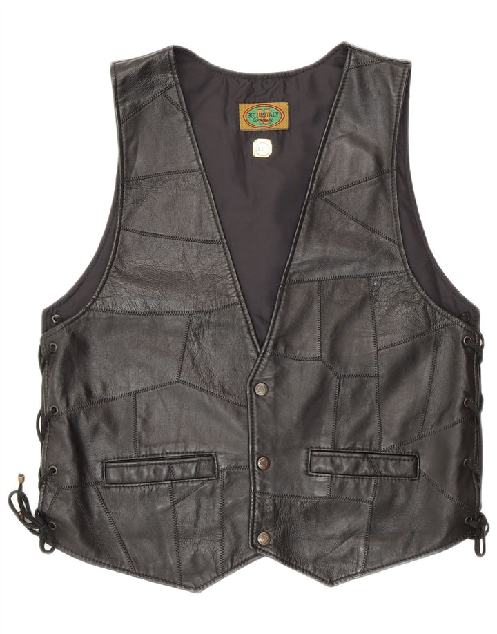 Gilet en cuir femme vintage 2XL Noir Patchwork Biker