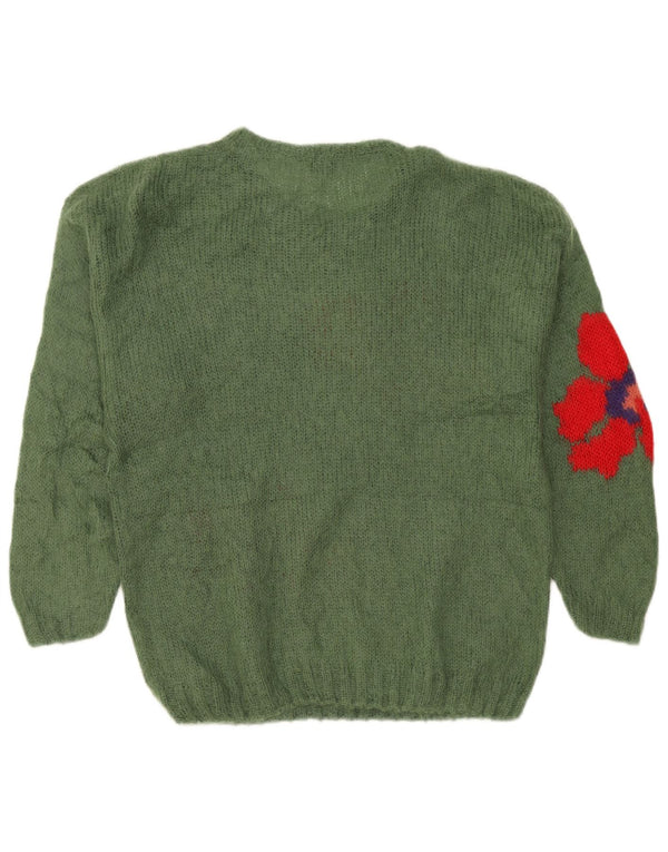 vintage Femmes Graphique Bateau Cou Jumper Pull UK 20 2XL Vert Floral