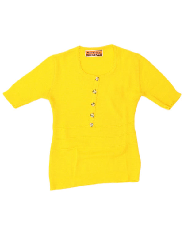 vintage Femmes Bateau Cou Jumper Pull UK 12 Moyen Jaune Floral
