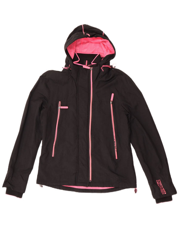 Superdry Veste de pluie à capuche pour femme UK 14 Large Noir Nylon