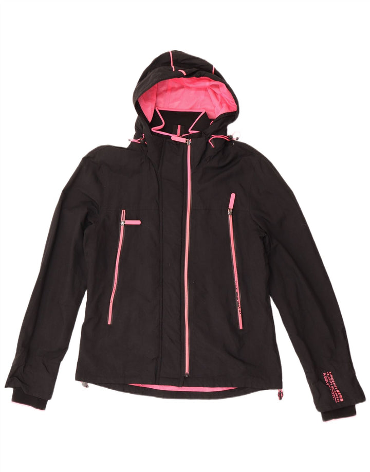 Superdry Veste de pluie à capuche pour femme UK 14 Large Noir Nylon