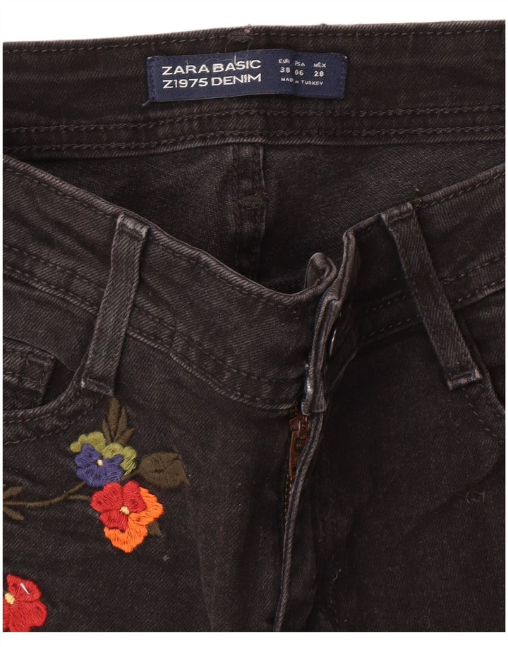 Zara Short en jean graphique pour femme EU 38 Petit W28 Noir Floral Bohème