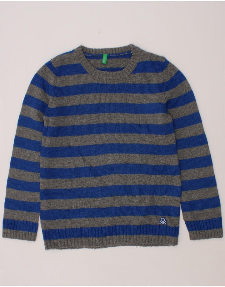 BENETTON Boys Crew Neck Jumper Sweater 7-8 Years Medium Blue Striped Vintage Benetton and Second-Hand Benetton from Messina Hembry 