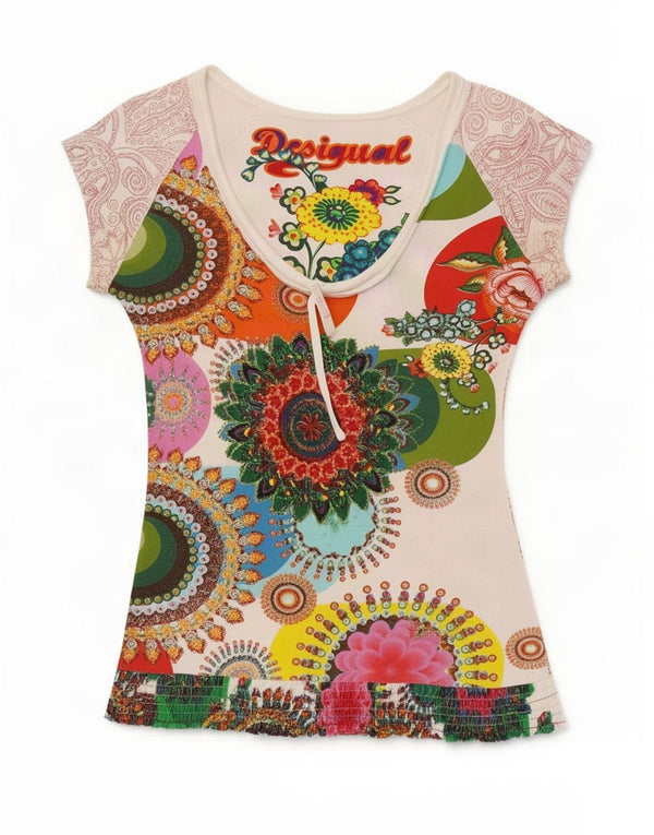 Desigual T-shirt graphique pour femme UK 12 Medium Multicolore Floral