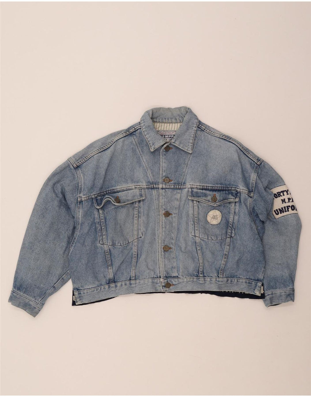 UNIFORM Veste en jean crop graphique pour femme UK 14 Large Bleu