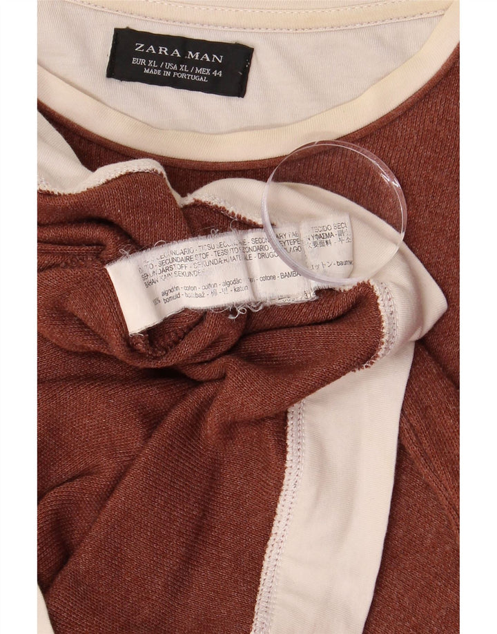 ZARA Homme Top Manches Longues XL Marron Colourblock Coton