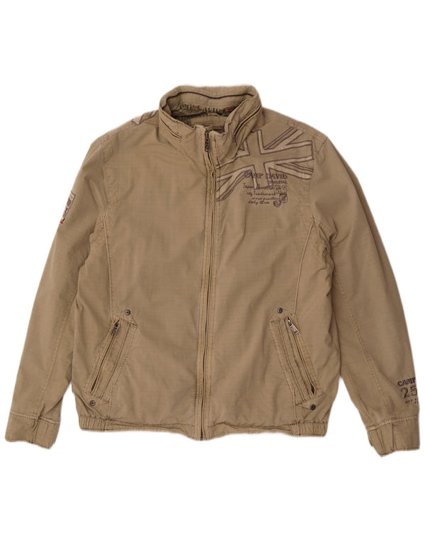 Camp David Veste bomber à capuche graphique pour homme UK 42 XL Coton rayé beige