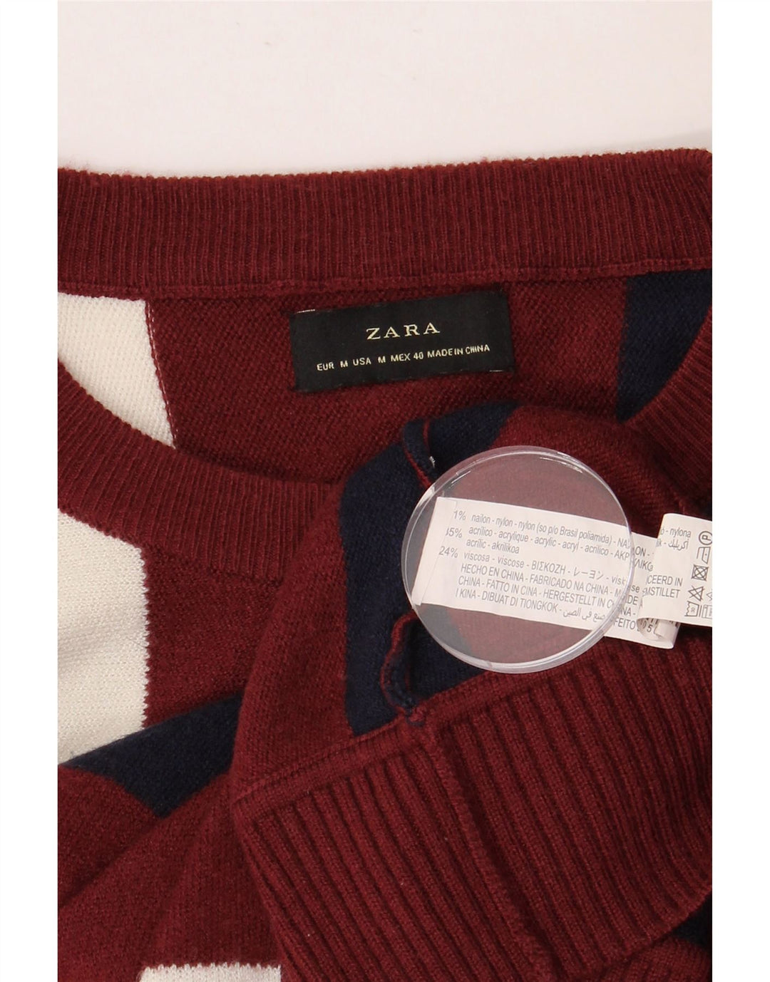 ZARA Pull ras du cou pour homme en nylon rayé bordeaux moyen