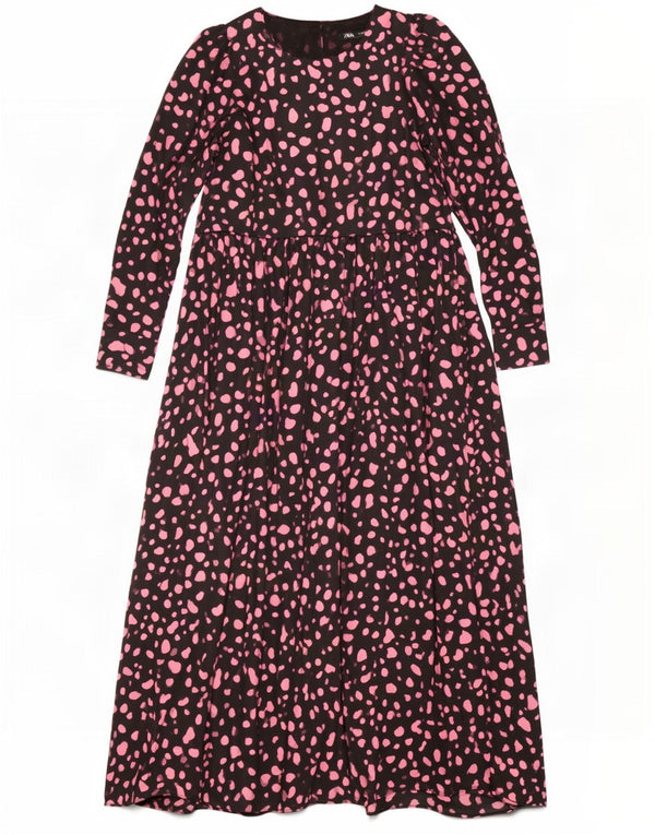 Zara Robe longue à manches longues pour femme UK 12 Polyester à pois noir moyen