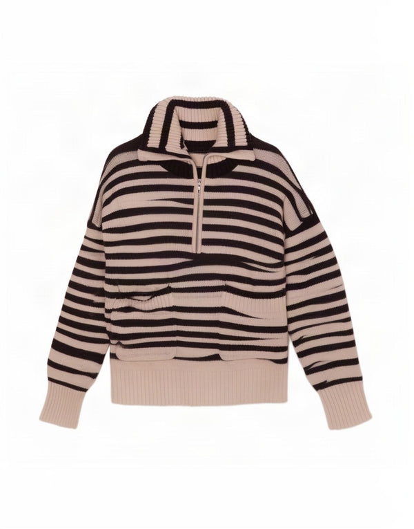 Zara Pull col zippé pour femme UK 16 Grand coton rayé blanc cassé