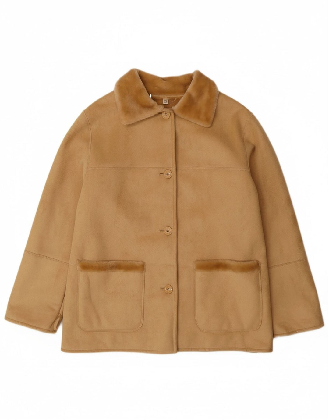 VINTAGE Veste Sherpa Femme EU 44 XL Acrylique Beige