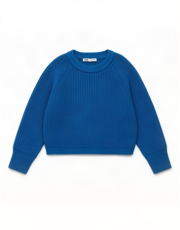Zara Womens Crop Crew Neck Jumper Sweater UK 10 Petit Bleu Acrylique