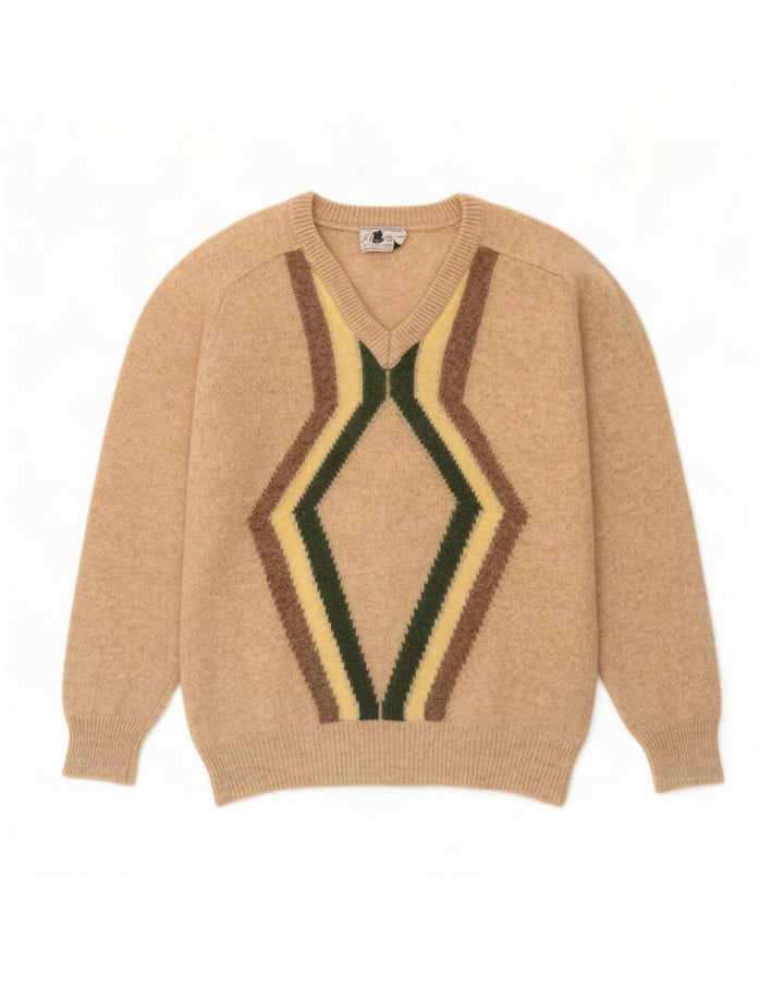 vintage Mens V-Col Jumper Pull Moyen Beige Géométrique Laine