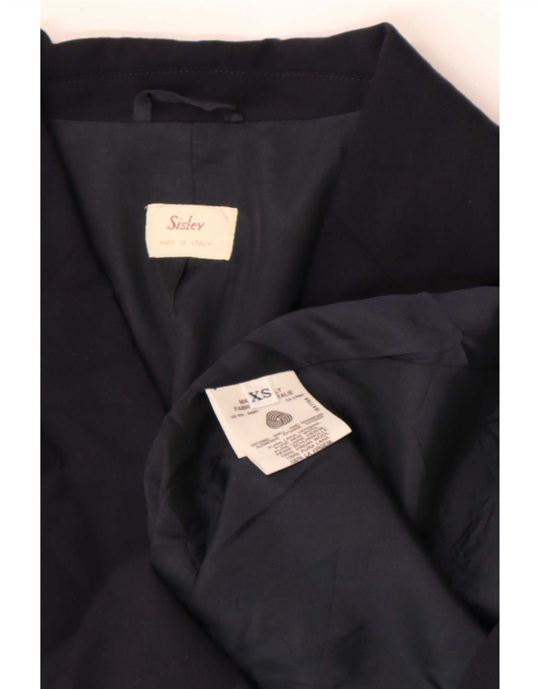 Sisley Veste Blazer 2 Boutons Femme UK 6 XS Bleu Marine Laine Vierge