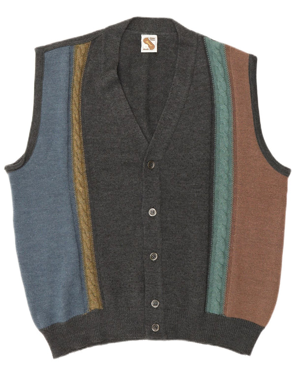 vintage Mens Cardigan sans manches Pull IT 52 Grand Colorblock Gris