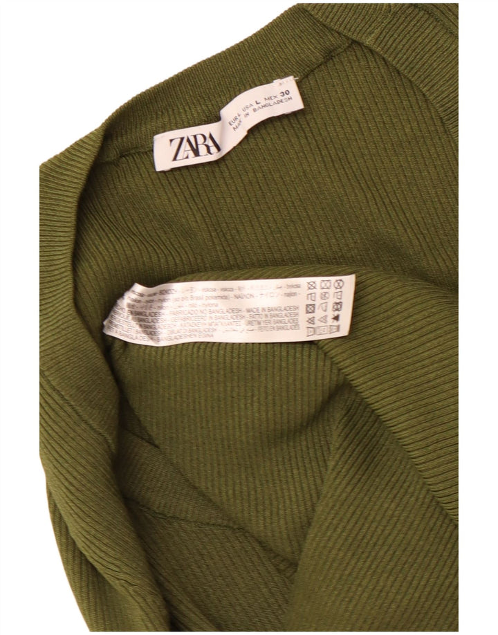 ZARA Femme Crop Top Manches Longues UK 14 Large Kaki Viscose