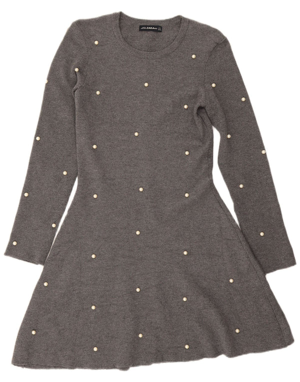 Zara Robe pull à manches longues pour femme UK 42 Gris moyen à pois en viscose
