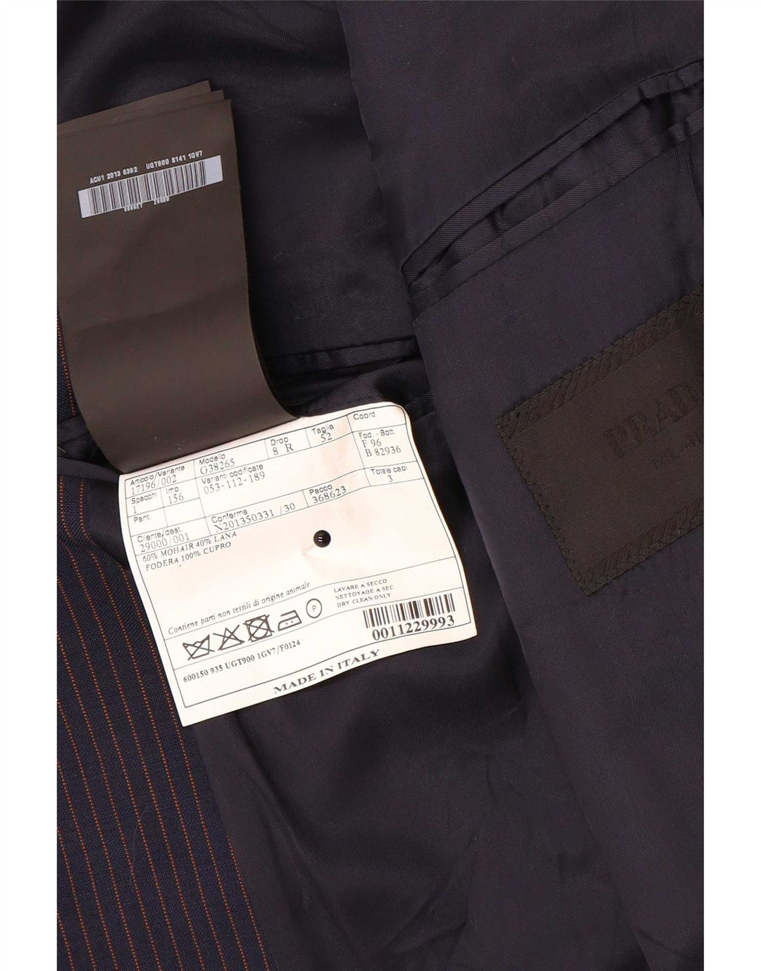 Prada Veste blazer à 2 boutons pour homme IT 52 XL Bleu marine à fines rayures Mohair