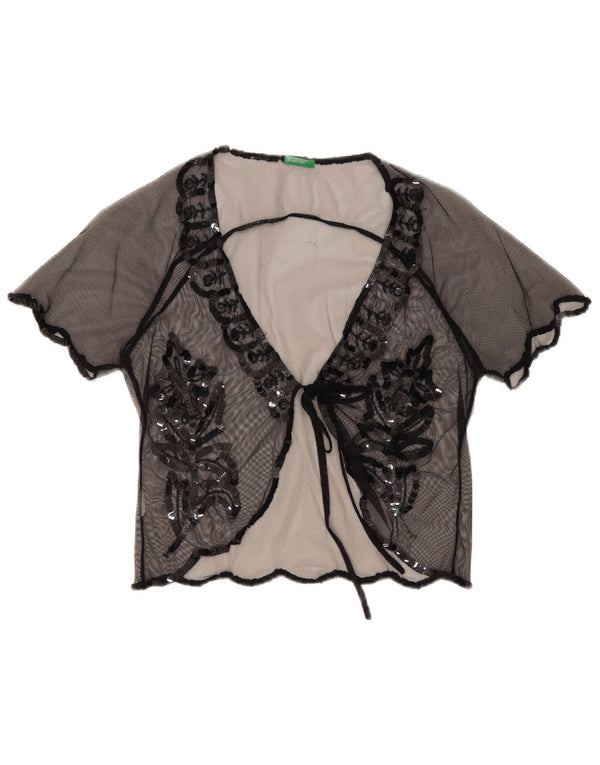 Benetton Womens Crop See Through Cardigan Top UK 42 Medium Black Floral