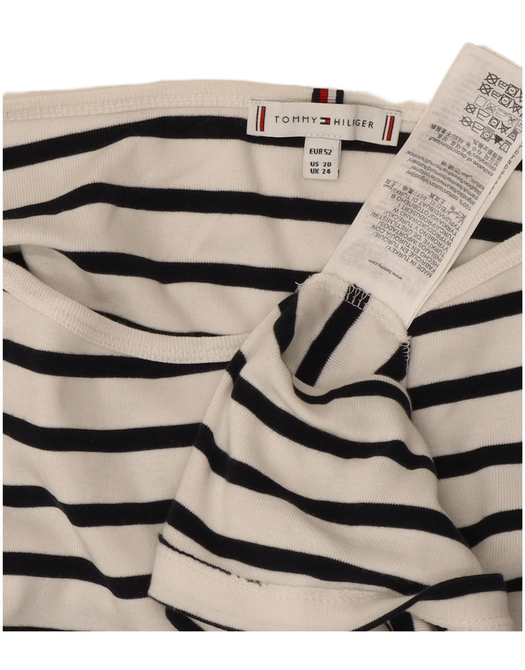TOMMY HILFIGER Top Femme Manches 3/4 UK 24 4XL Coton Rayé Blanc