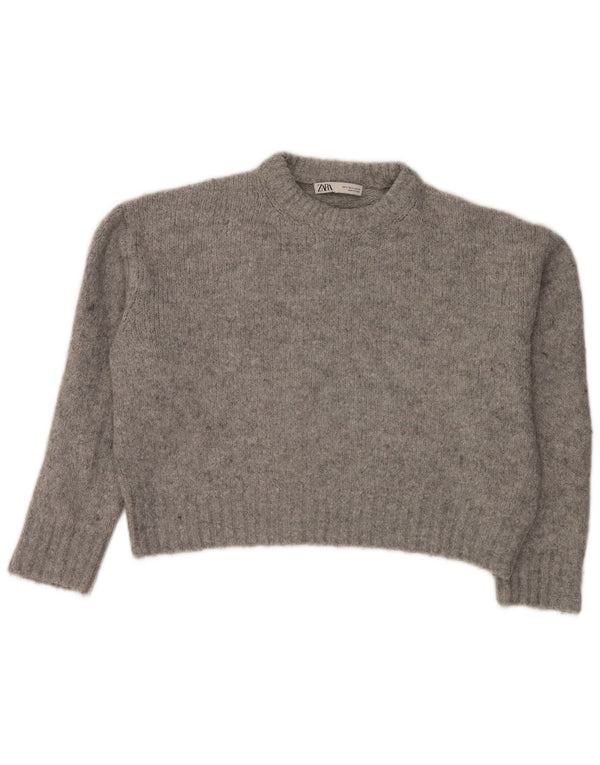 Zara Pull court à col rond pour femme UK 10 Petit gris moucheté