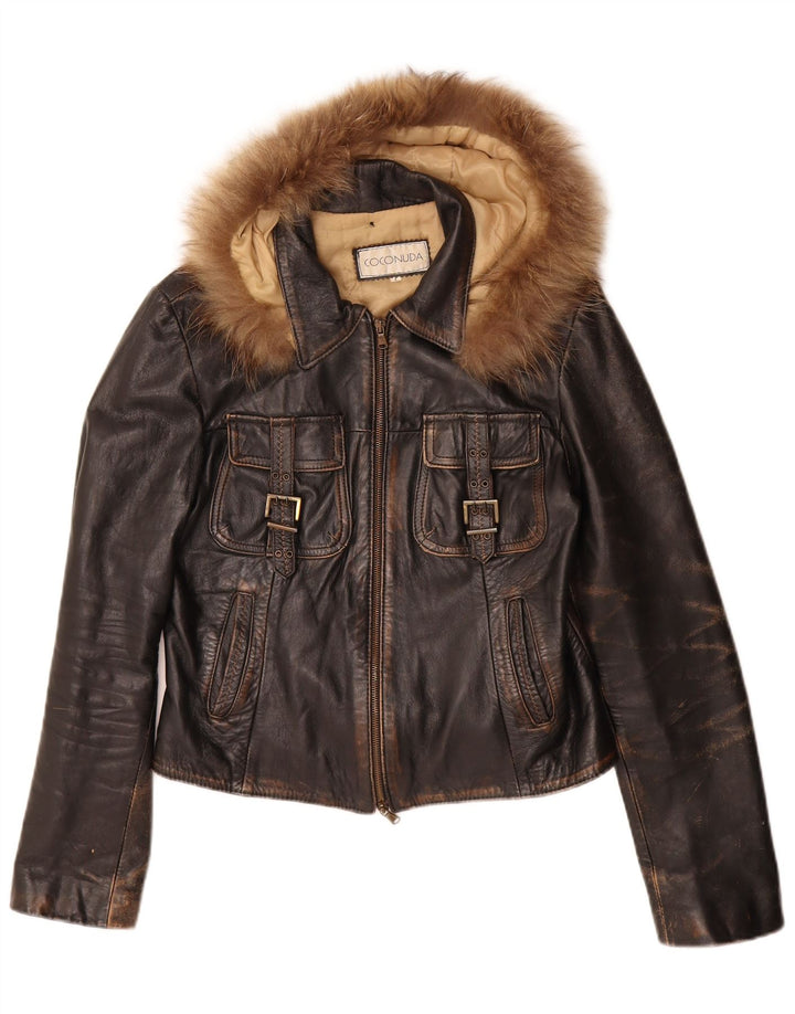 Coconuda Veste en cuir à capuche pour femme UK 14 Grand cuir marron