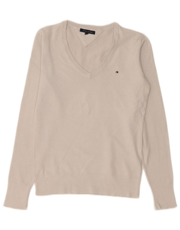 Tommy Hilfiger Pull col en V pour femme UK 10 Petit coton blanc cassé