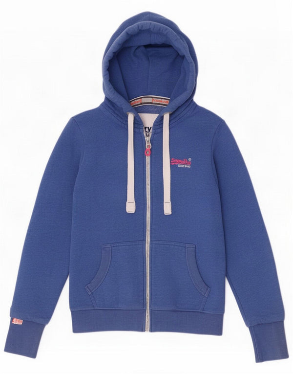 Superdry Pull à capuche zippé pour femme UK 14 Large Bleu Coton