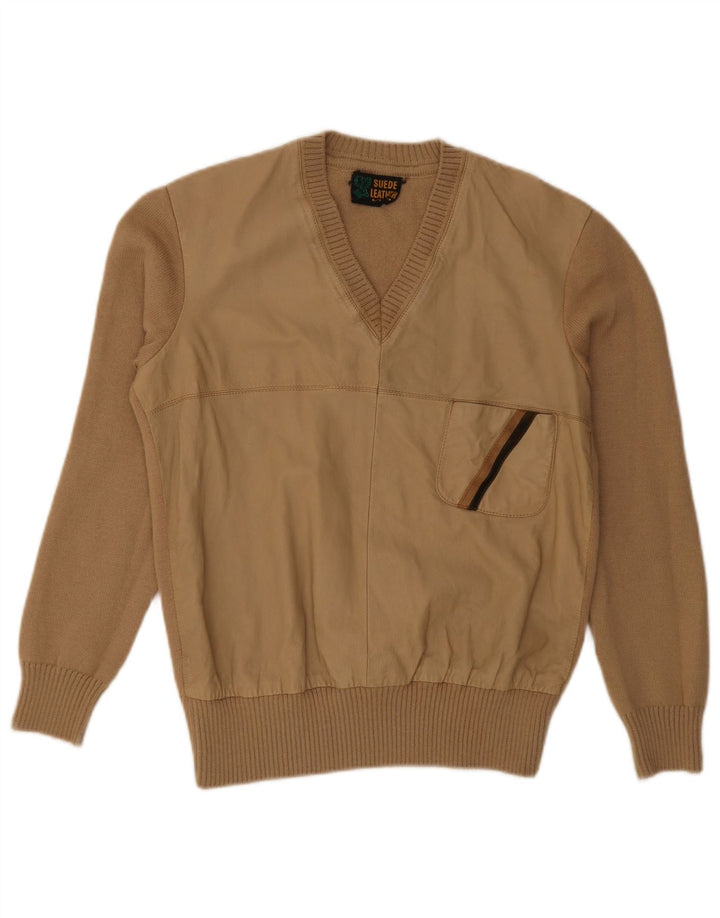 vintage Homme Col V Pull Pull Petite Laine Beige