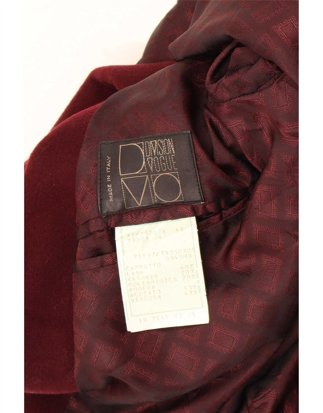 Division Vogue Manteau Homme IT 48 Laine Bordeaux Moyen
