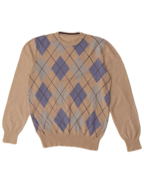 vintage Femme Crew Neck Jumper Pull UK 8 Petit Beige Argyle/Diamant
