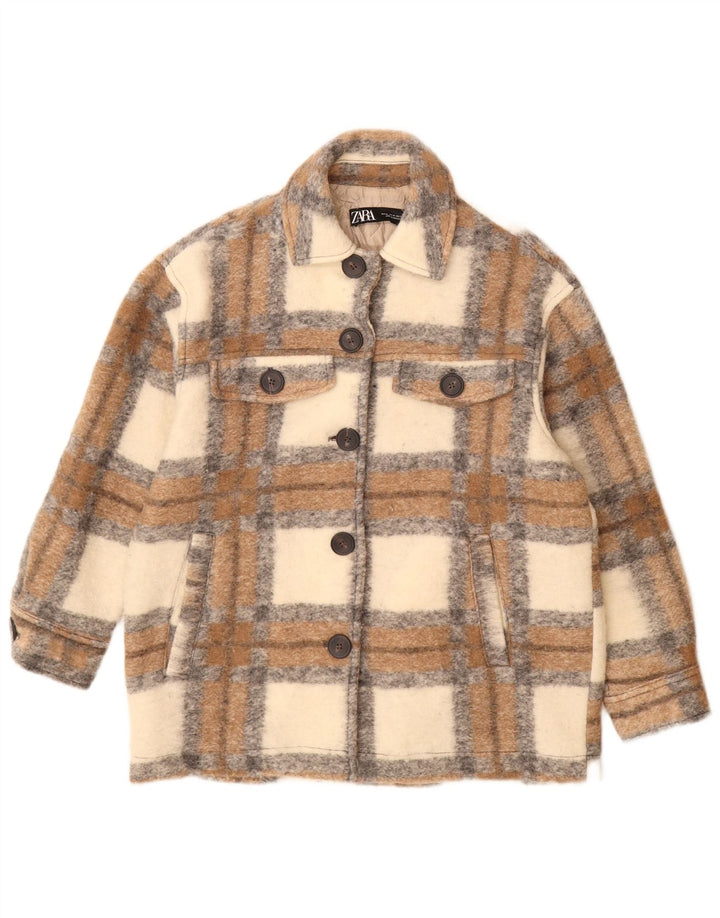 Zara Womens Shacket Veste surdimensionnée UK 6 XS Laine à carreaux beige