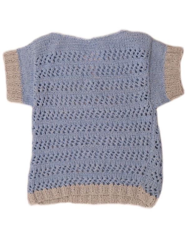 vintage Femmes Manches Courtes Col V Pull Pull UK 14 Bleu Moyen