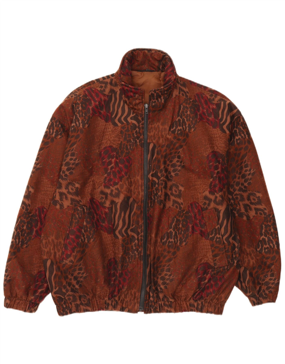 vintage Femme Veste Bomber Surdimensionnée UK 14 Grand Imprimé Animal Brun