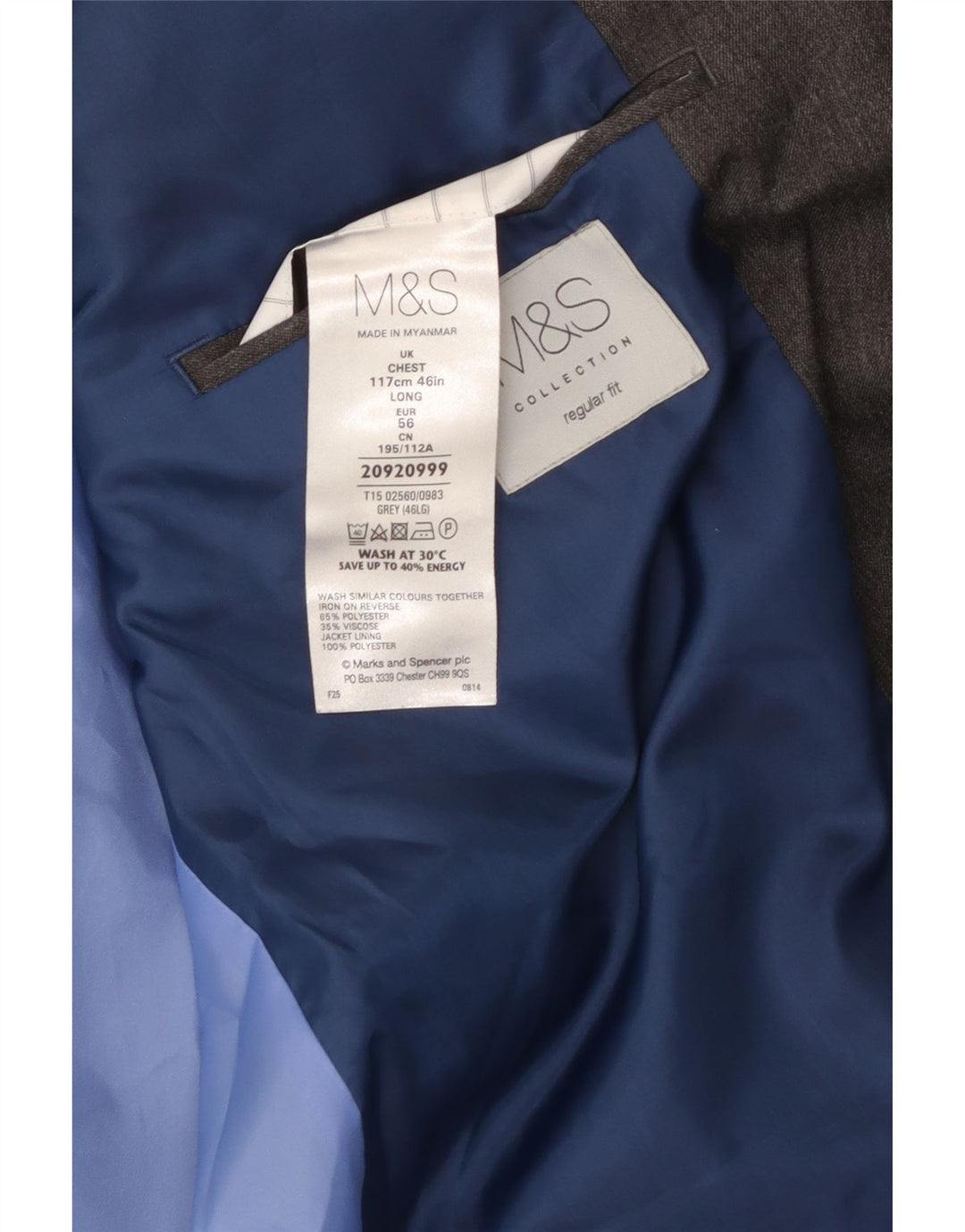 MARKS & SPENCER Veste blazer coupe régulière à 2 boutons pour homme UK 46 XL Gris