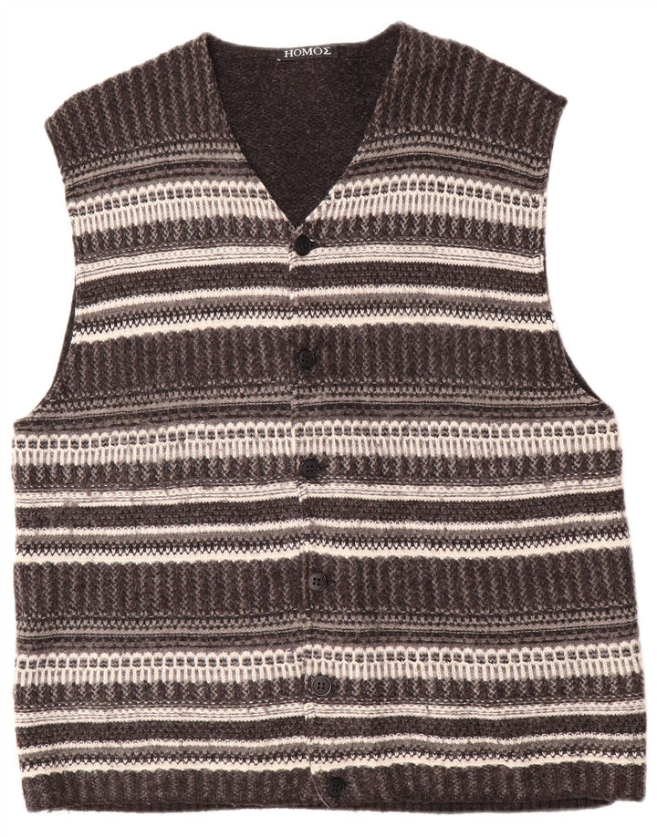 vintage Mens Cardigan sans manches Pull Grande laine rayée grise