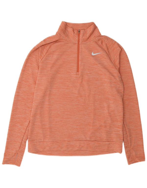 Nike Femme Dri Fit Zip Neck Sweatshirt Jumper UK 14 Moyen Orange Moucheté