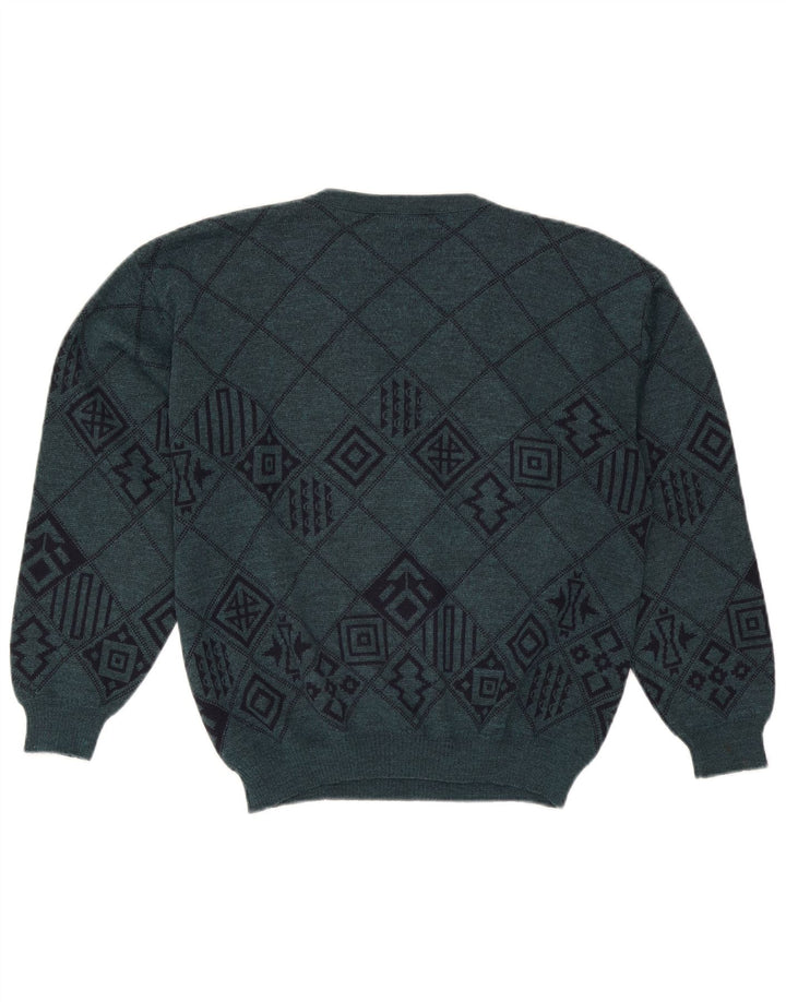 Lewinger Pull col V Homme Laine Géométrique Vert Moyen