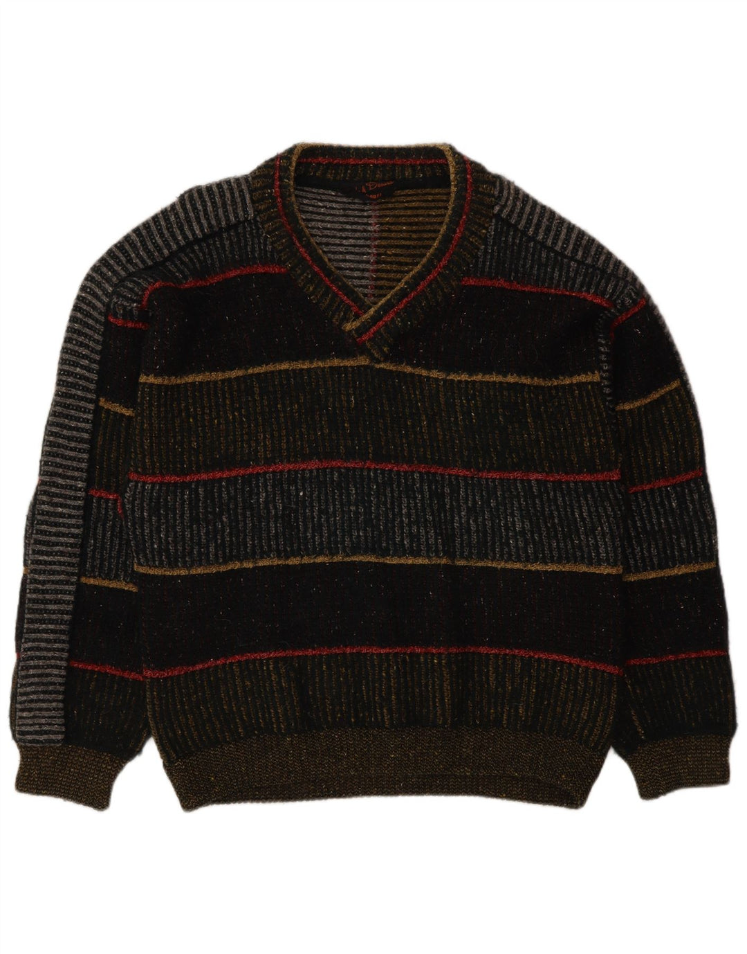 vintage Mens V-Col Jumper Sweater Grande laine rayée multicolore