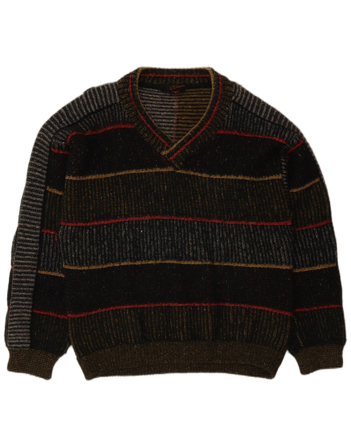 vintage Mens V-Col Jumper Sweater Grande laine rayée multicolore
