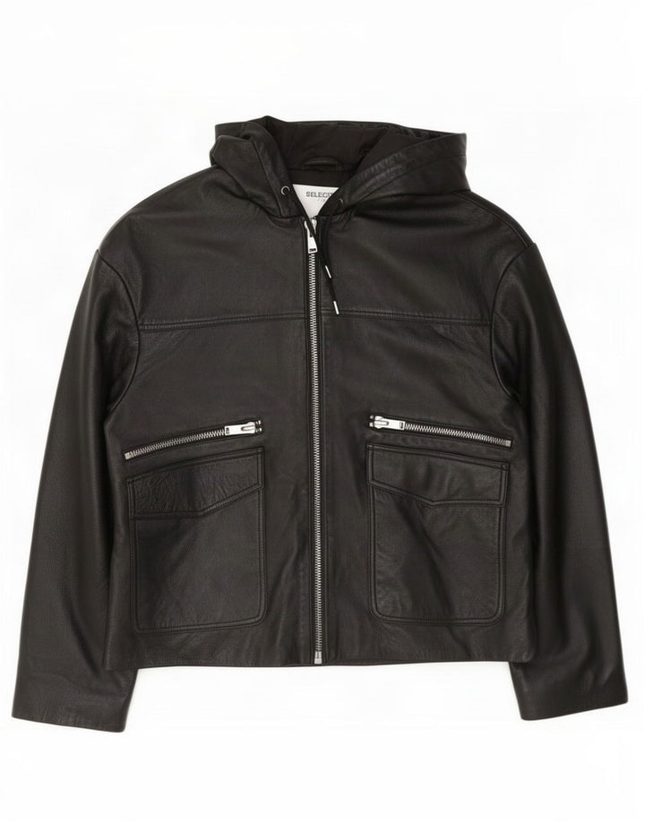 Selected Femme Veste en cuir à capuche pour femme EU 38 Noir moyen