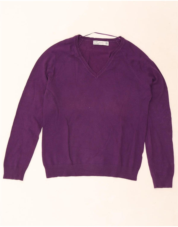 Zara Pull col V pour femme UK 18 XL Violet Coton