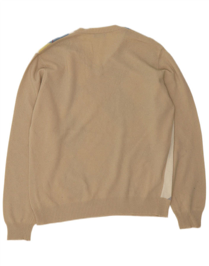 Benetton Pull col V pour homme en laine beige à losanges/diamants