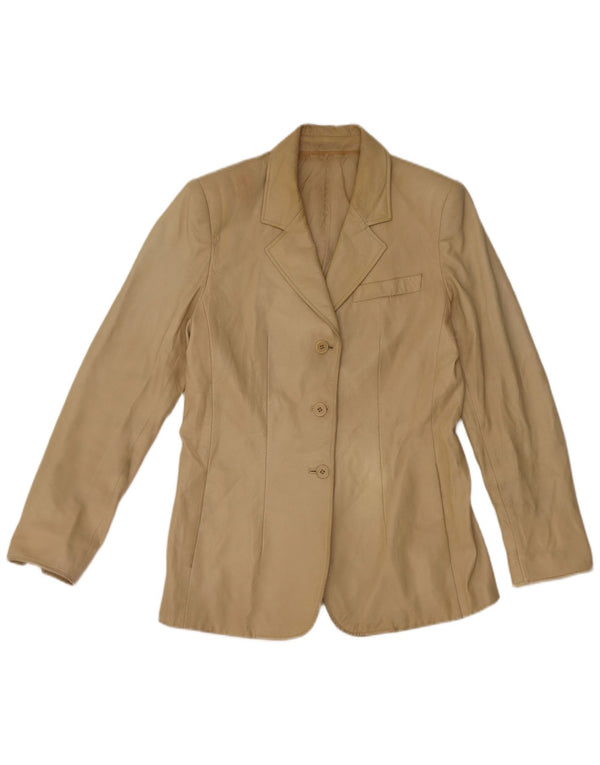 vintage Femme 3 Boutons Veste Blazer En Cuir IT 44 Cuir Beige Moyen