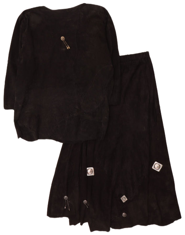 vintage Femmes 3/4 Manches Daim 2 Pièces Jupe Ensemble UK 12 Moyen W28 Noir