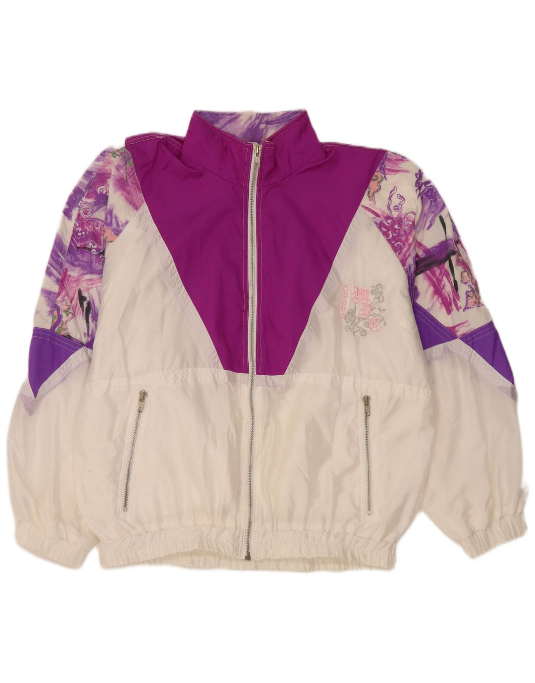 vintage Femmes Surdimensionné Survêtement Top Veste EU 36 Petit Colorblock Blanc