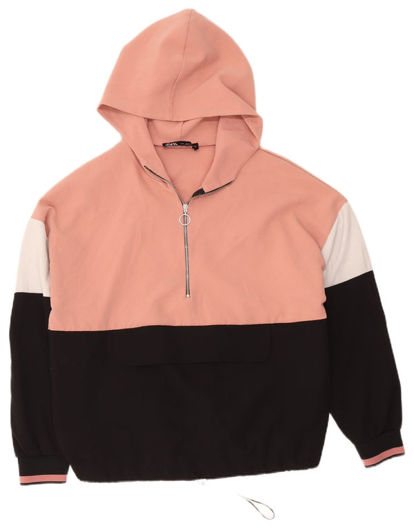 Zara Pull à capuche à col zippé pour femme UK 14 Polyester color block rose moyen