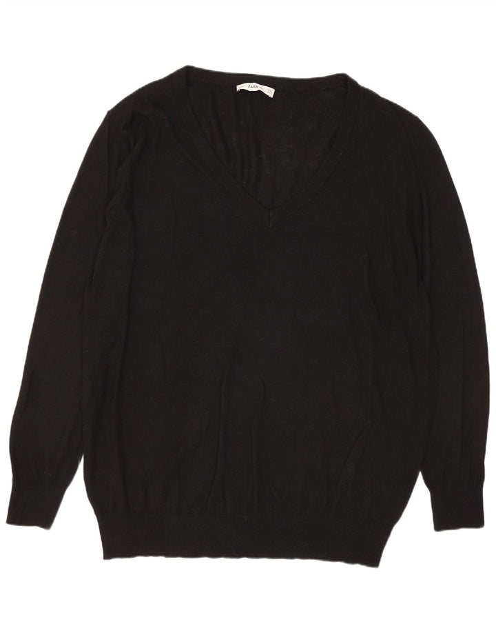 Zara Pull surdimensionné à col en V pour femme UK 14 Modal noir moyen