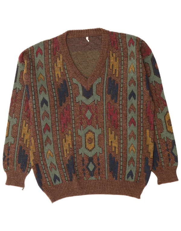 VINTAGE Pull col V pour homme IT 50 Marron moyen géométrique